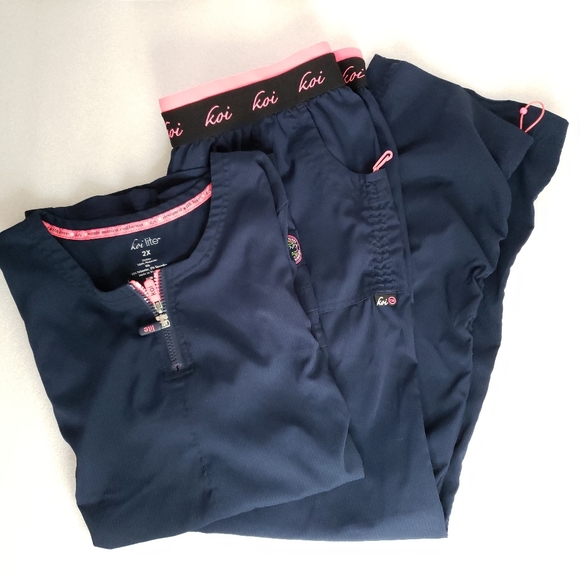 Koi Lite Blue Pink Accent Slim Fit Scrub Set